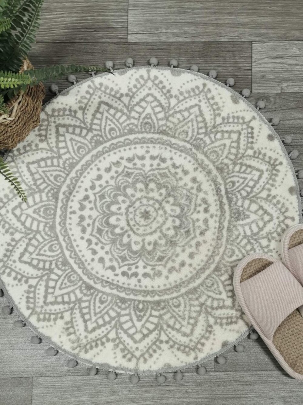 Small Round Rug 2’ Boho Beige and Grey Bathroom Rug with Pom Poms Fringe Washabl